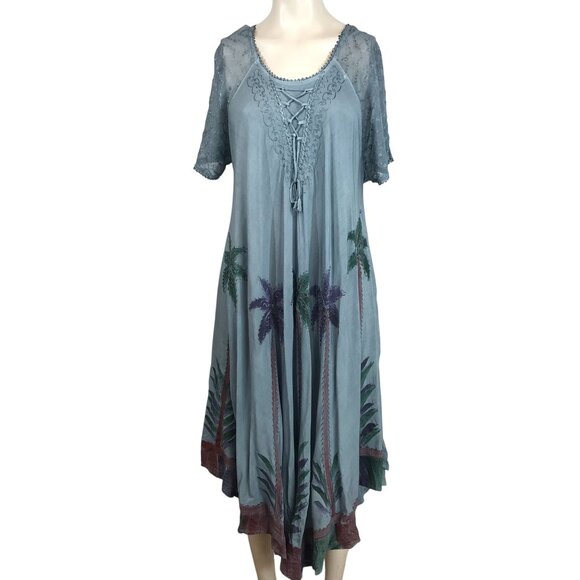 SAKKAS - WOMEN'S ONE SIZE BLUE PALM TREE SHORT SLEEVE EMBROIDERED DRESS - Picture 1 of 8